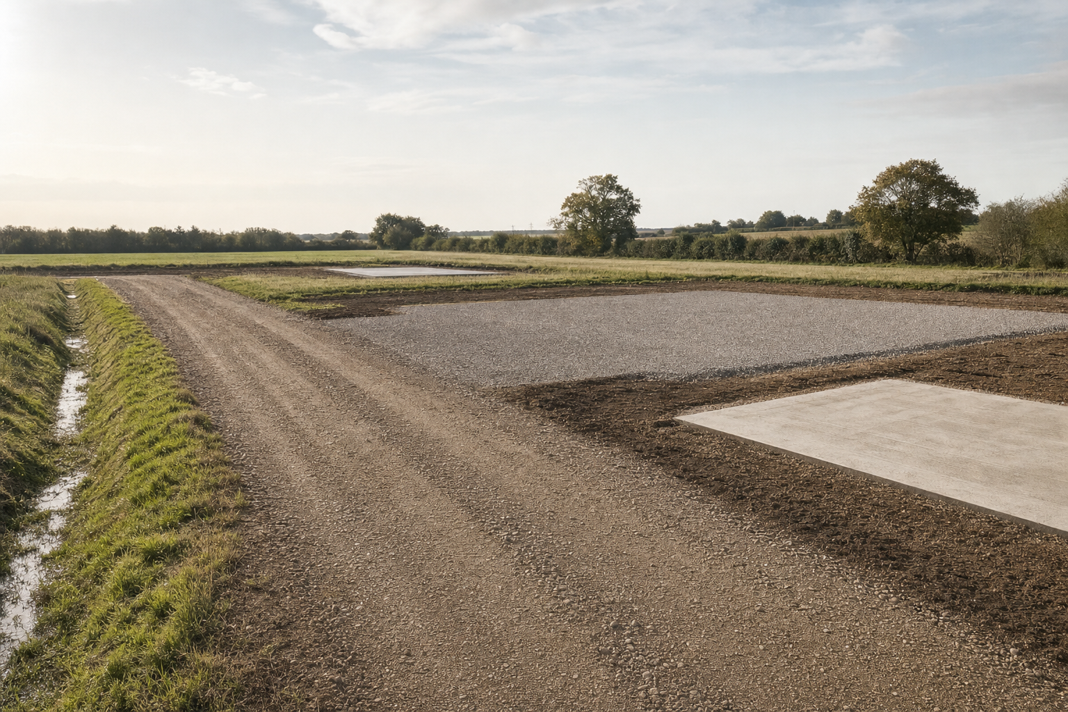 A gravel road with concrete slabs in a rural landscape under a cloudy sky.