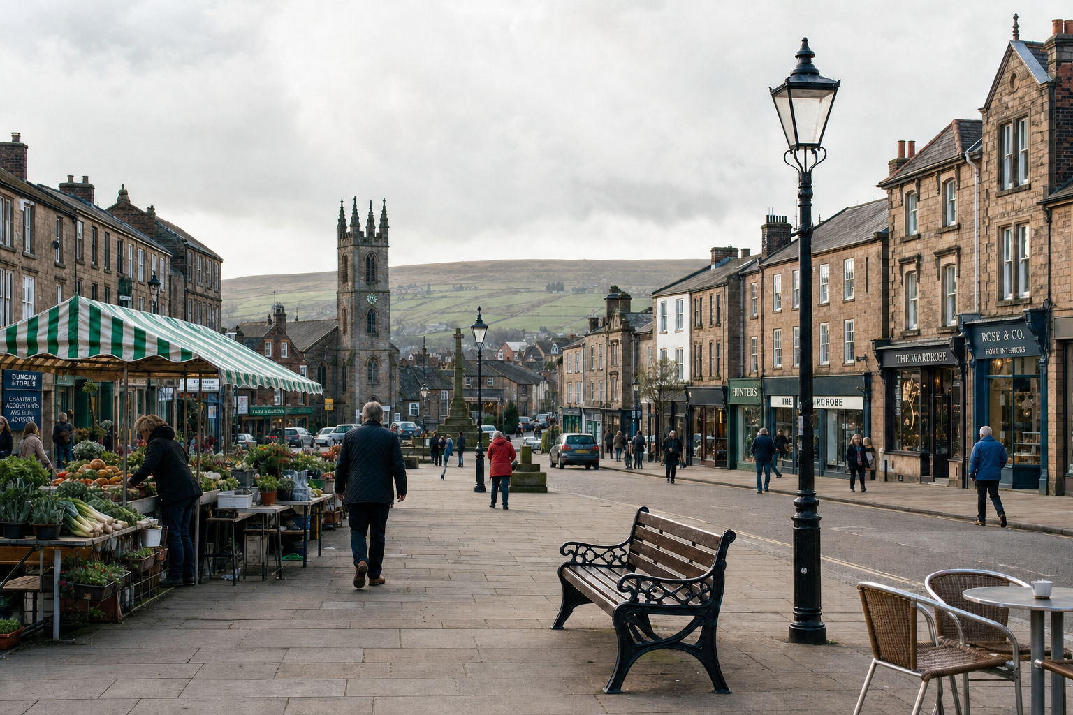 A bustling market street with a church tower in the background and people strolling by shops and market stalls.