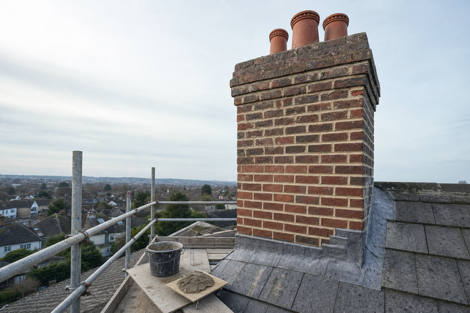Brick chimney stack with four red pots on a slate roof, surrounded by scaffolding, overlooking a suburban landscape.