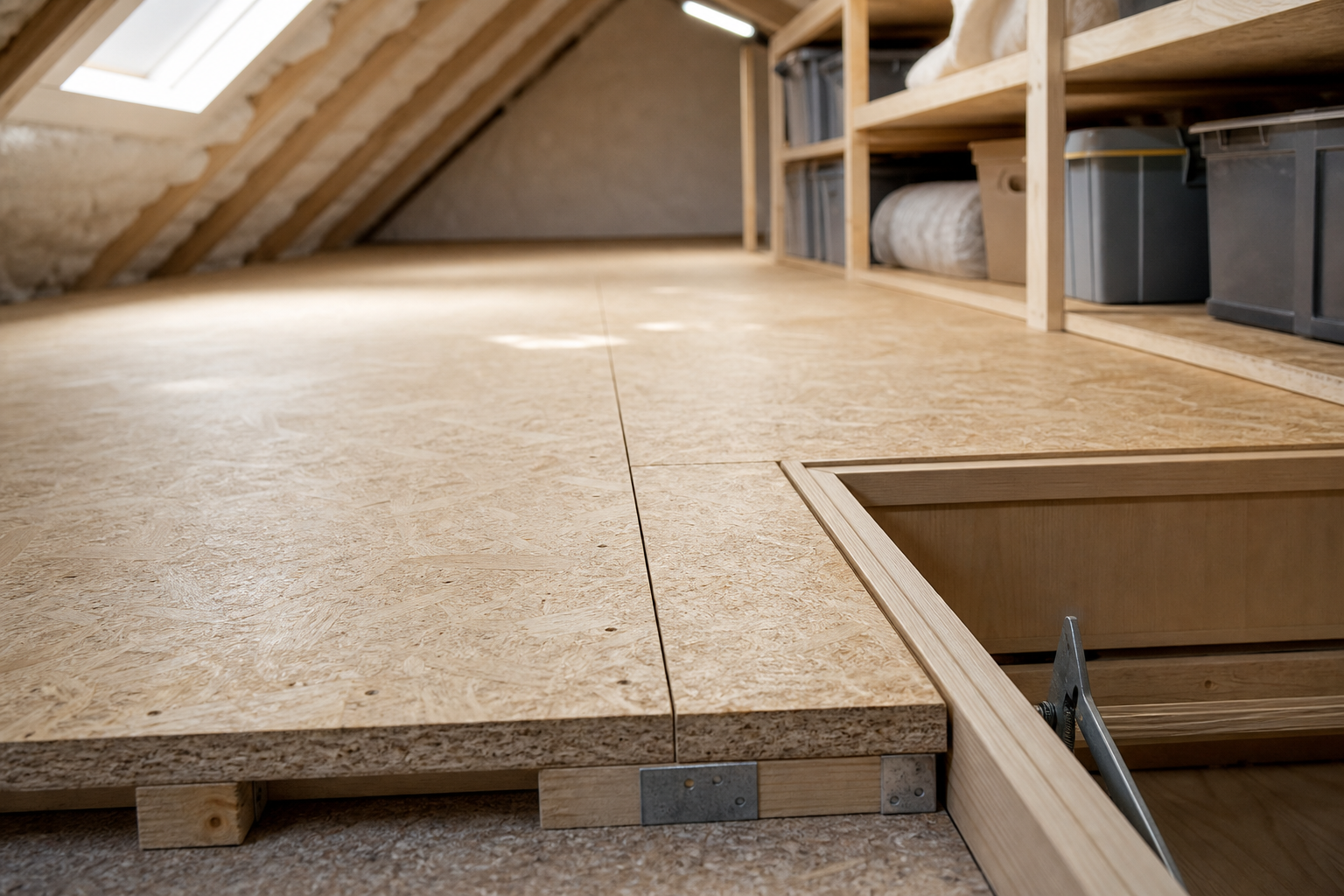 Chipboard flooring with an open hatch in a loft, featuring shelves filled with storage containers and visible angled ceiling beams.