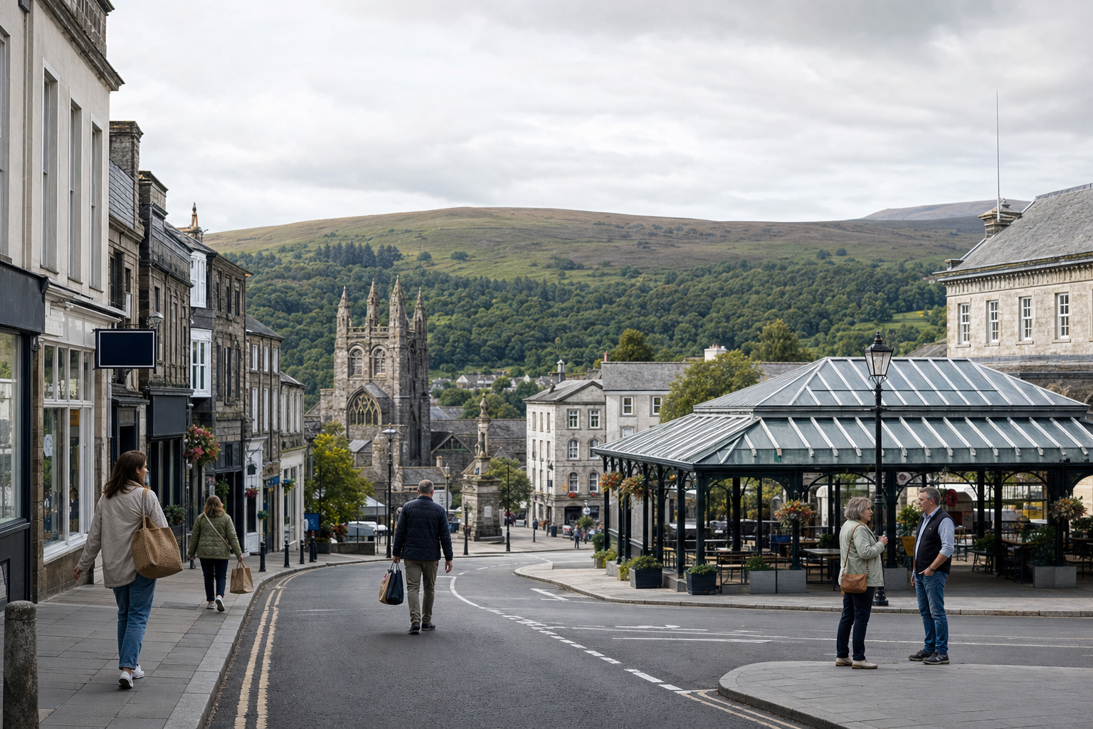 People stroll through a quaint town with historic stone buildings and a church, nestled against a backdrop of rolling hills.