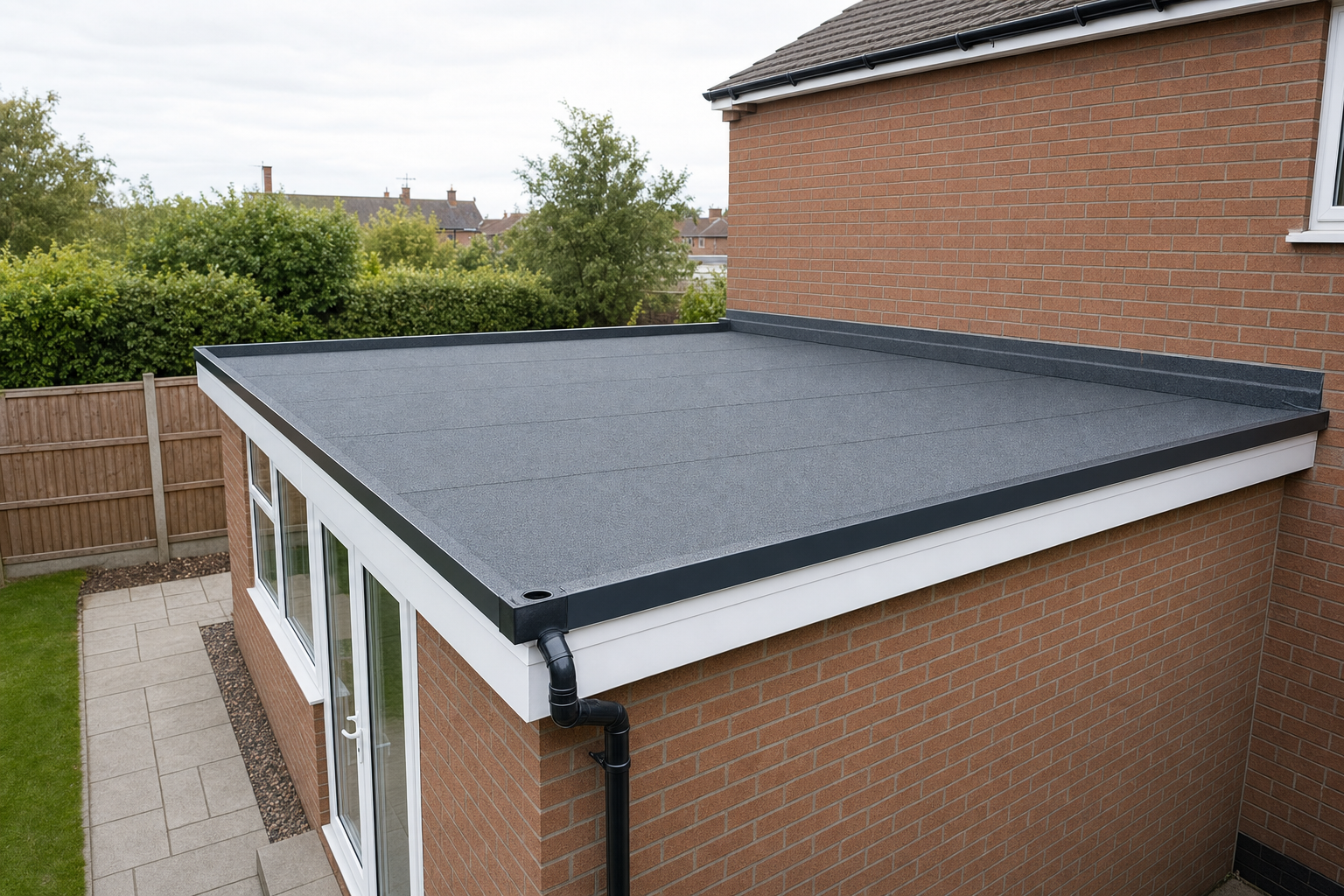 A modern flat roof extension with grey felt covering next to a brick house.