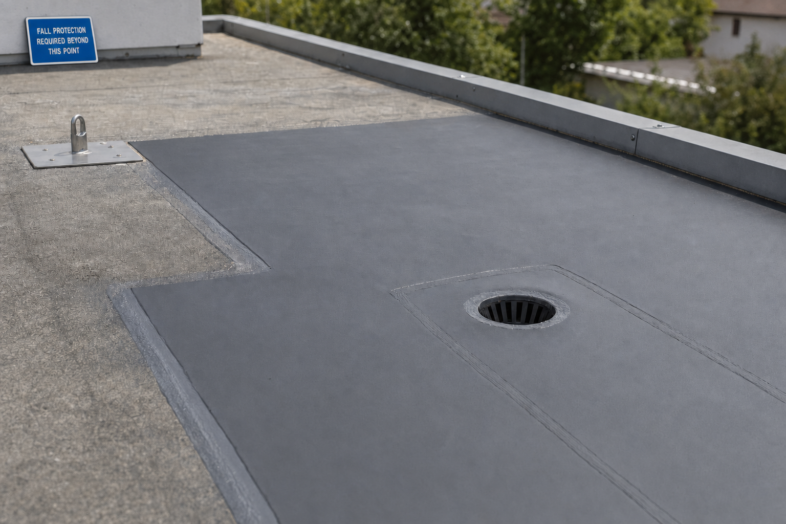 A flat rooftop with a drainage grate, safety hook, and a sign indicating fall protection is required beyond this point.