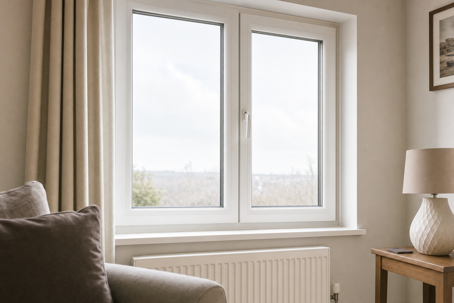 A cosy living room with a large window, beige curtains, a grey sofa, and a wooden side table with a lamp.