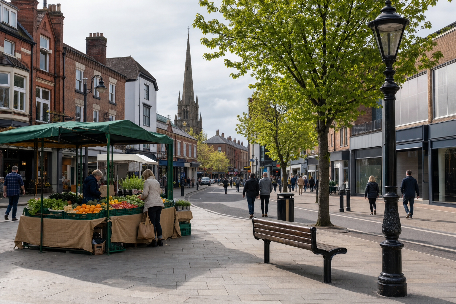 Street market with people buying produce on a pedestrianised road in a town centre with a church spire in the background.