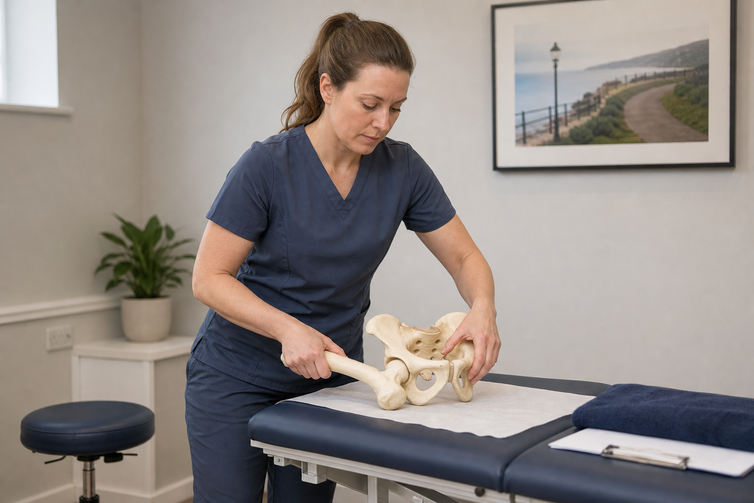 A woman in scrubs examines a pelvic bone model on a treatment table in a clinic room.