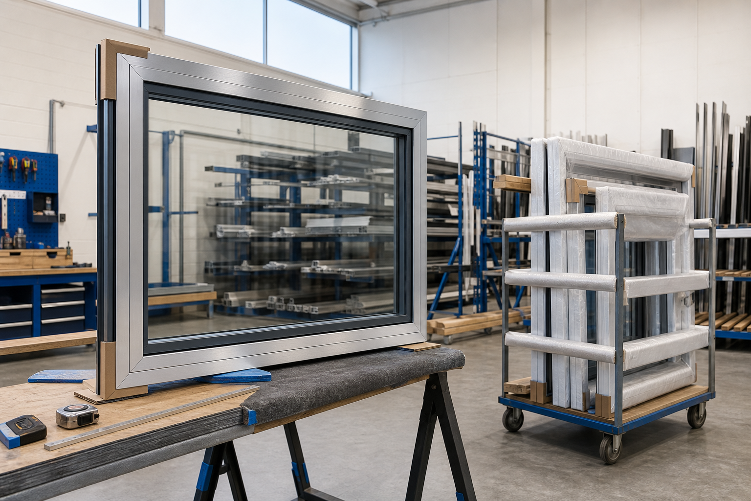Aluminum window frame on a workbench in a warehouse with tools and materials in the background.
