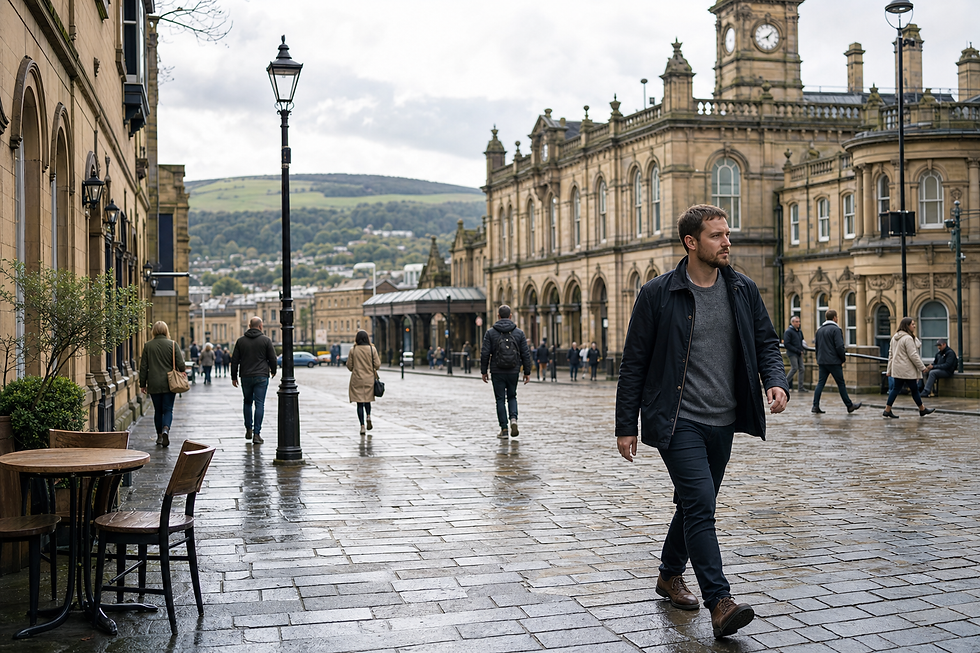Man walking on a wet cobblestone street with historical buildings and hills in the background.