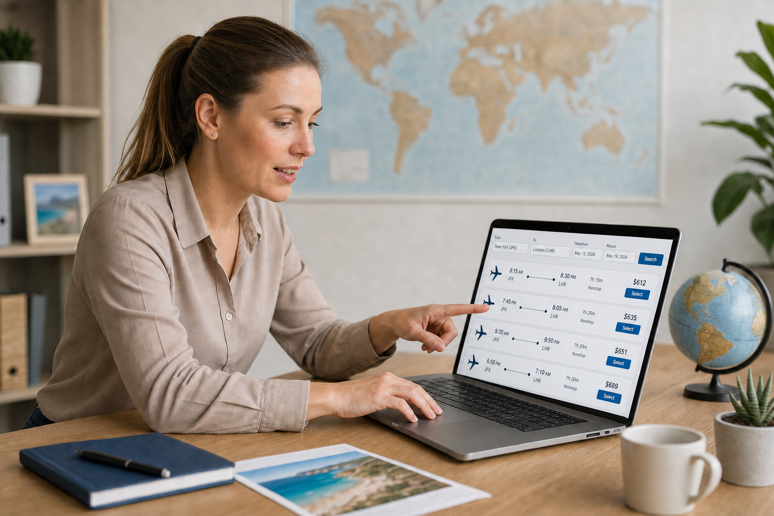 Woman at a desk using a laptop to browse flight options, with a globe and world map in the background.