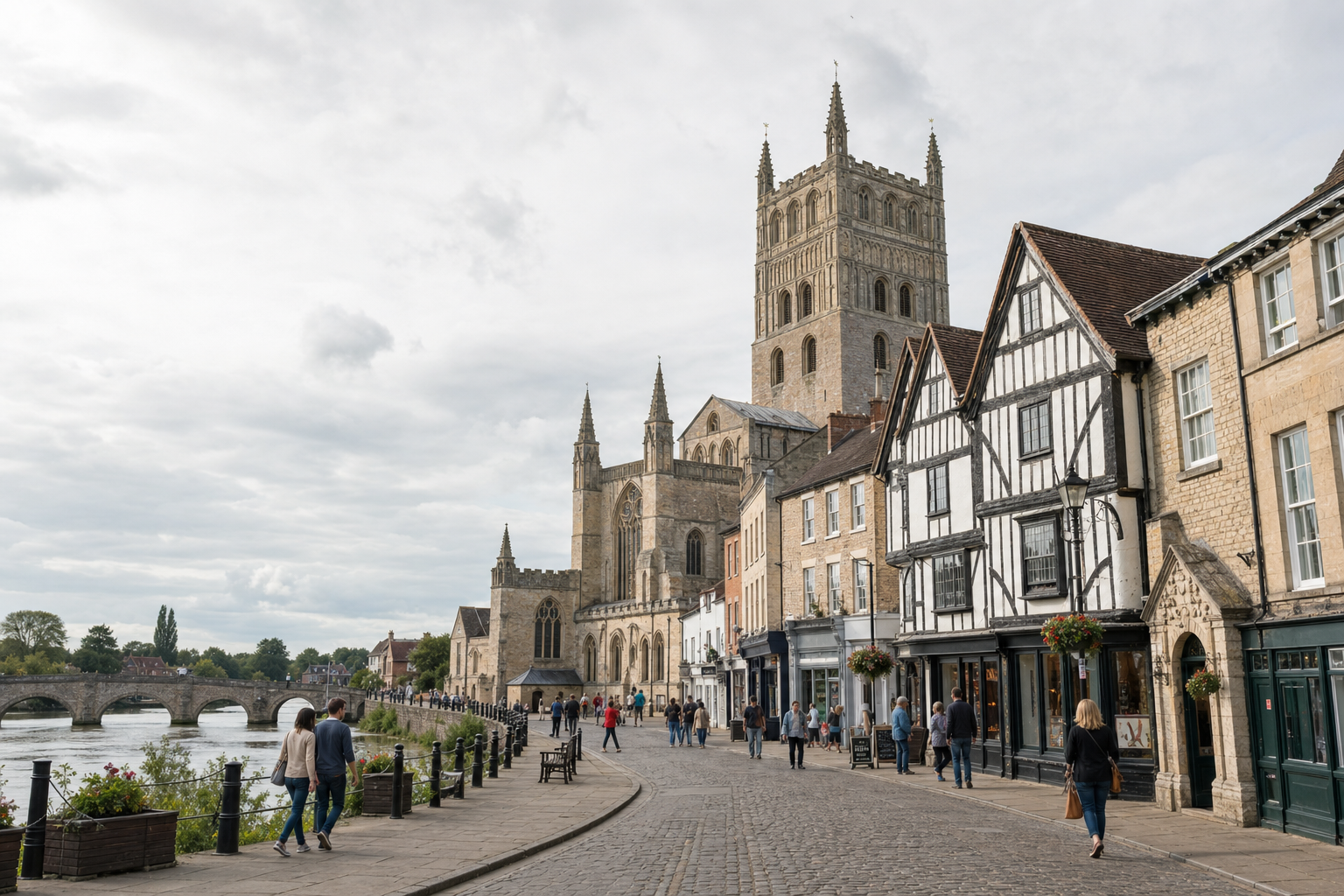 People walking along a cobblestone street beside a historic cathedral and half-timbered buildings.