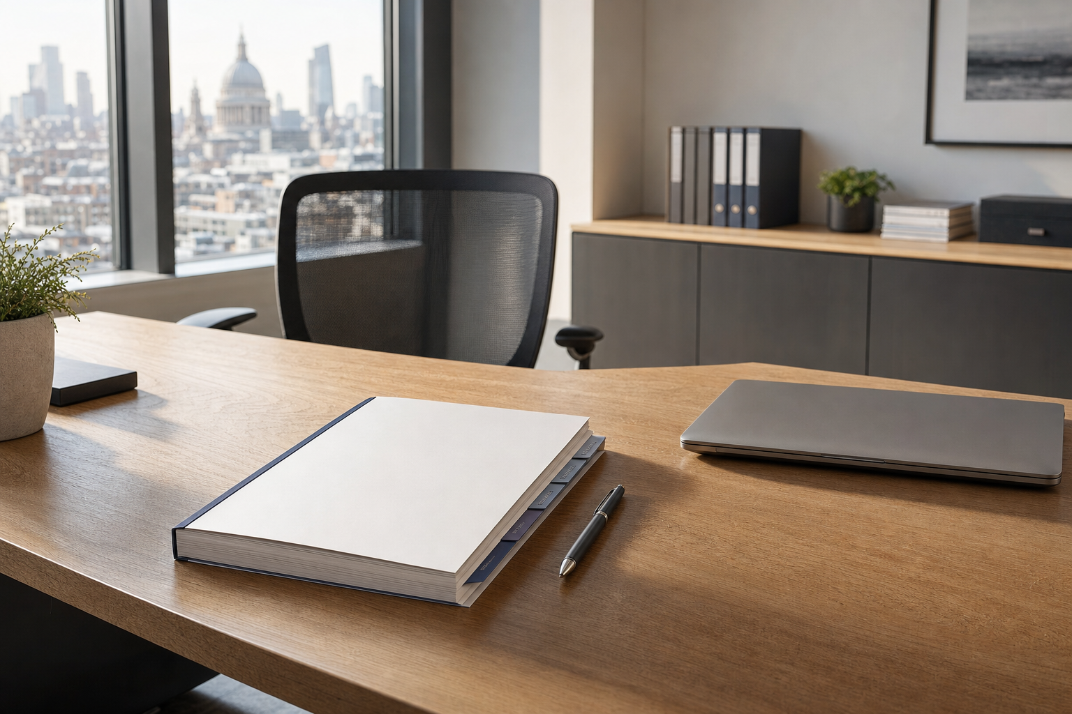 Modern office desk with a notebook, laptop, pen, and a pot plant, overlooking a city skyline through large windows.