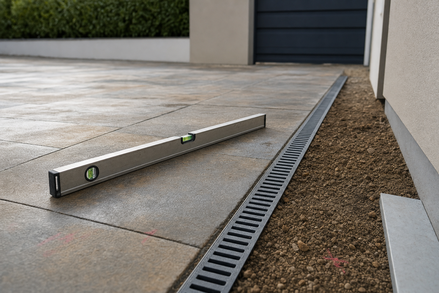 A spirit level lies on a newly paved driveway beside a metal drainage grate.