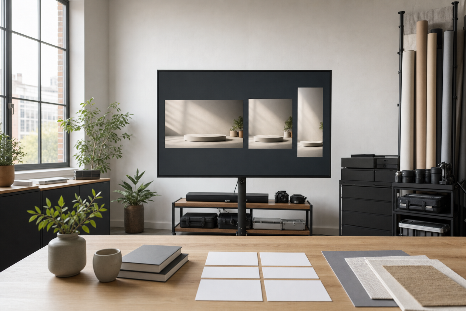 A modern workspace with a large monitor displaying a minimalist design, surrounded by plants and photography equipment.