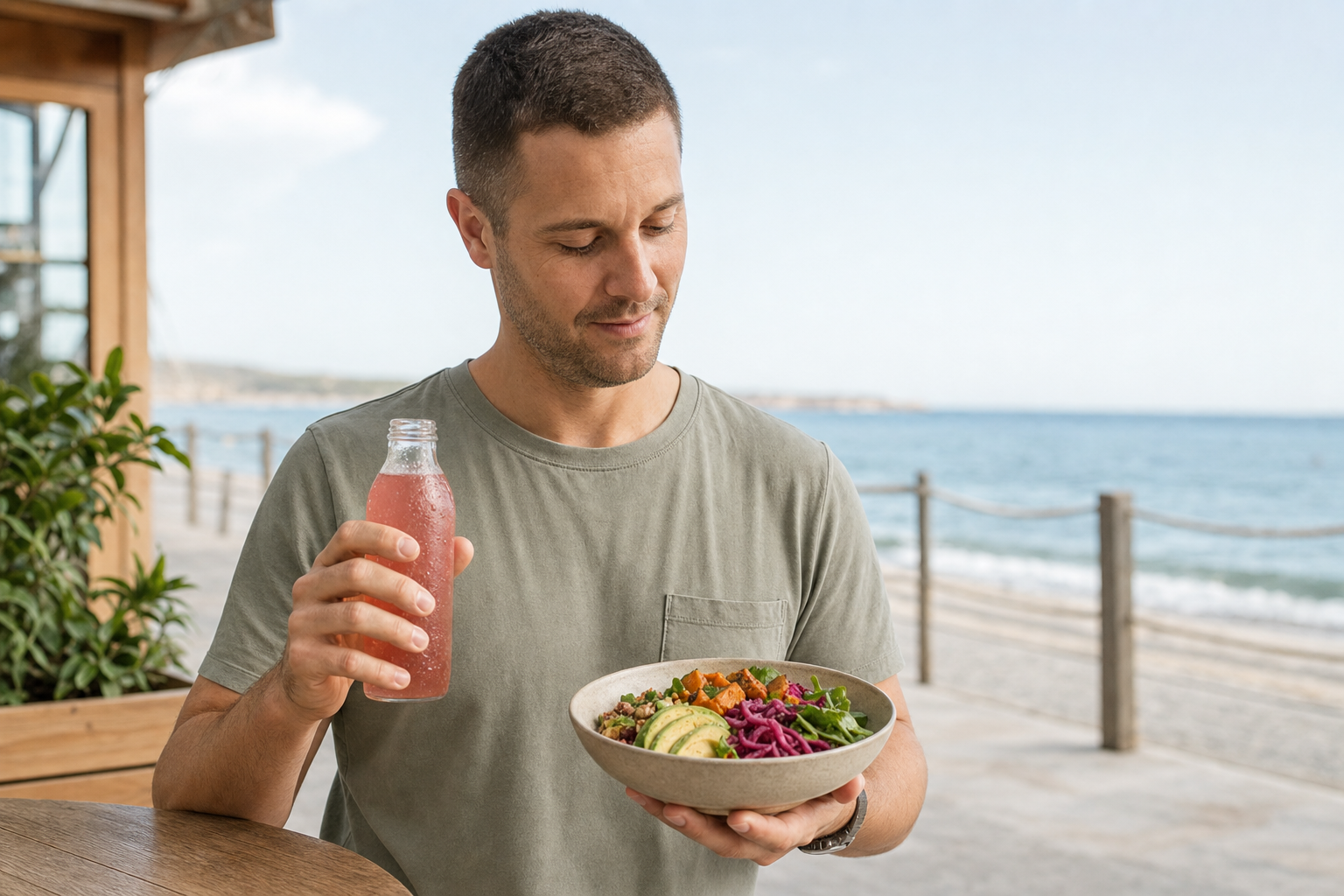 Man holding a bowl of salad and a bottle of pink drink by the seaside on a sunny day.