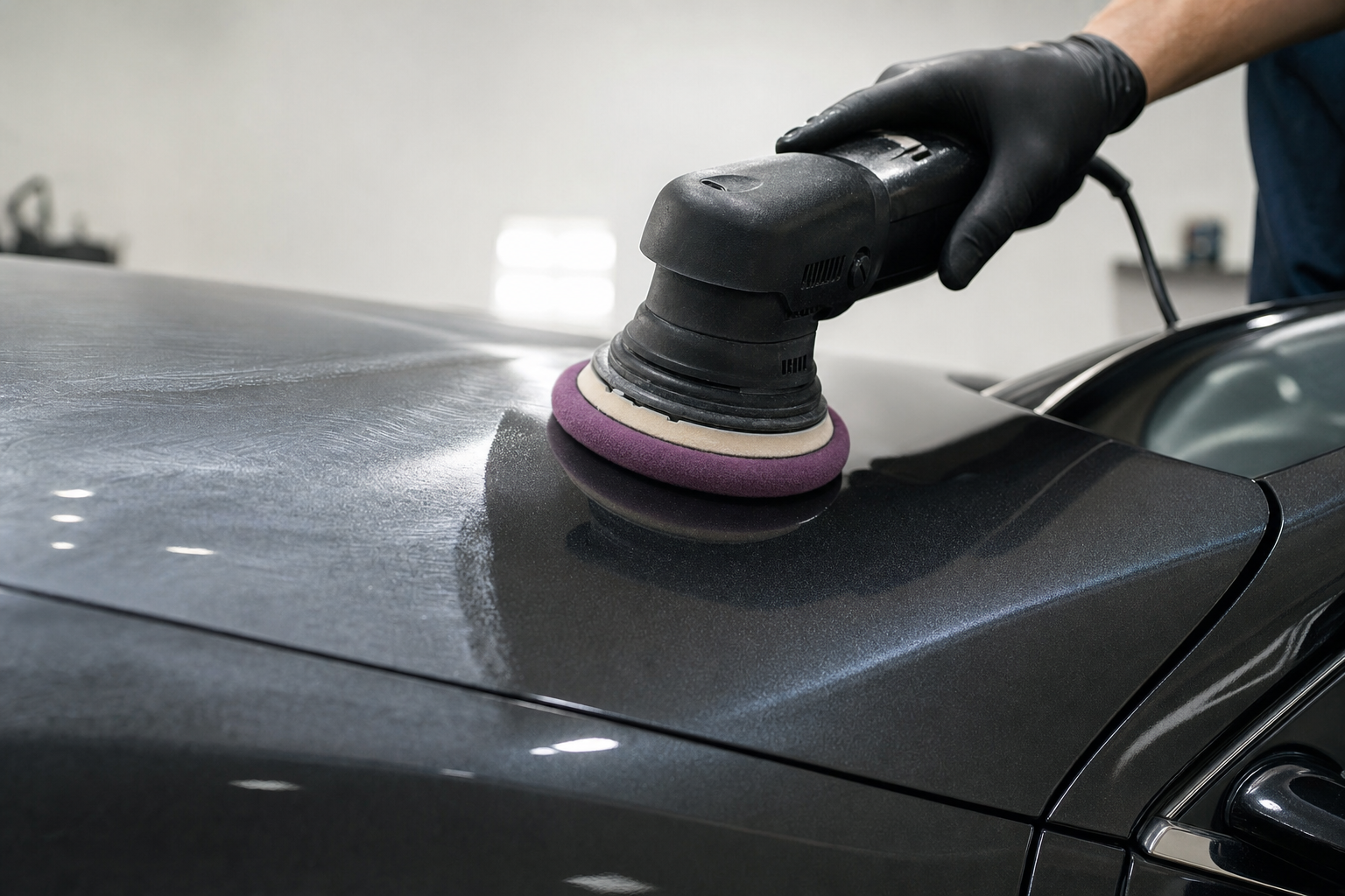 A gloved hand uses a machine polisher on the shiny bonnet of a dark-coloured car.