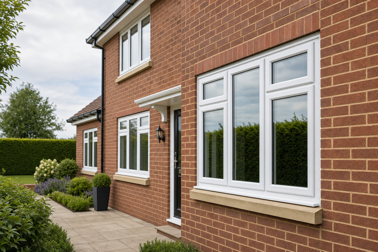 Red brick house with white-framed windows, a black door, and a well-maintained garden path.