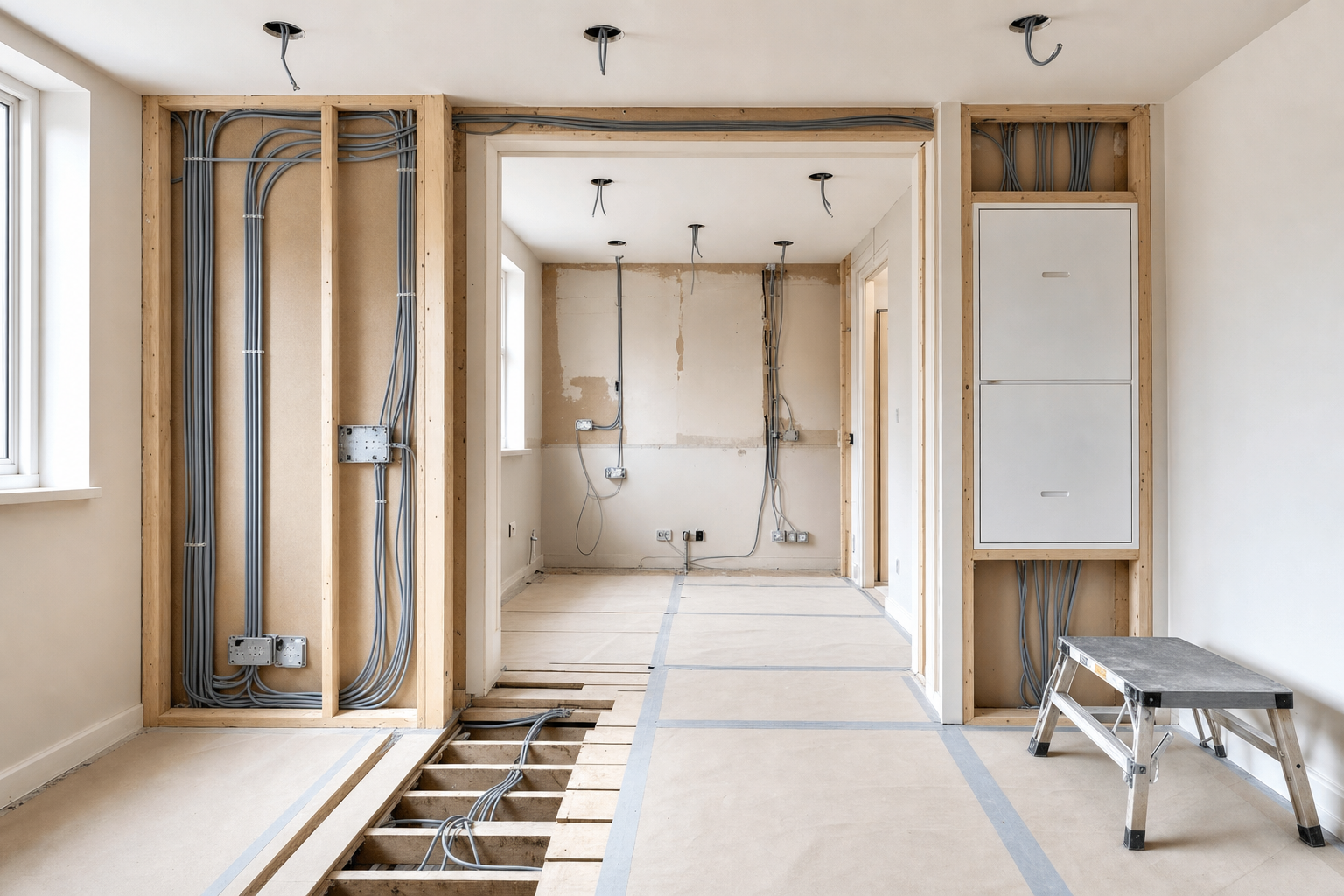 Unfinished room with exposed wiring and a step stool, showing ongoing electrical work and refurbishment.