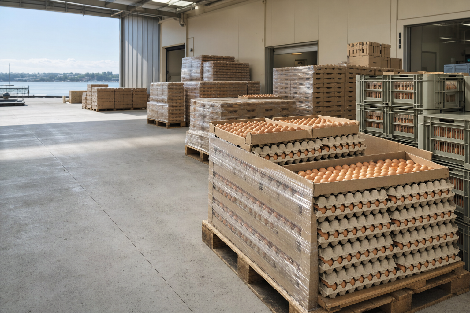 Stacks of eggs in cardboard trays on wooden pallets inside a warehouse by the waterfront.