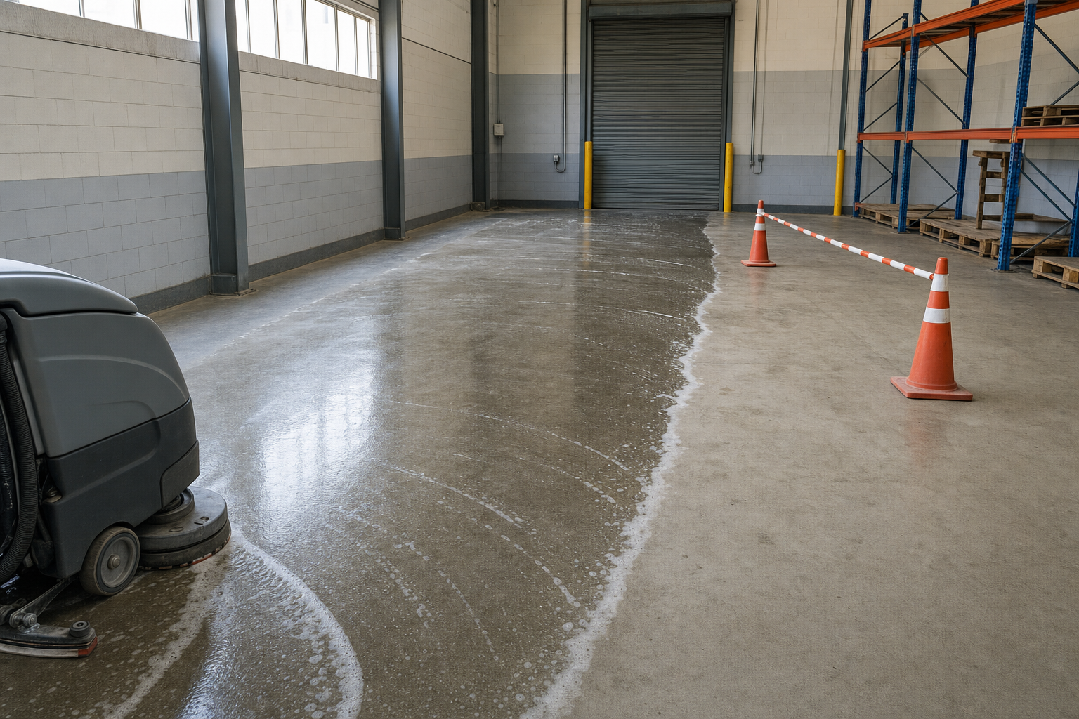 An industrial floor cleaner operates on a warehouse floor next to traffic cones and barriers.