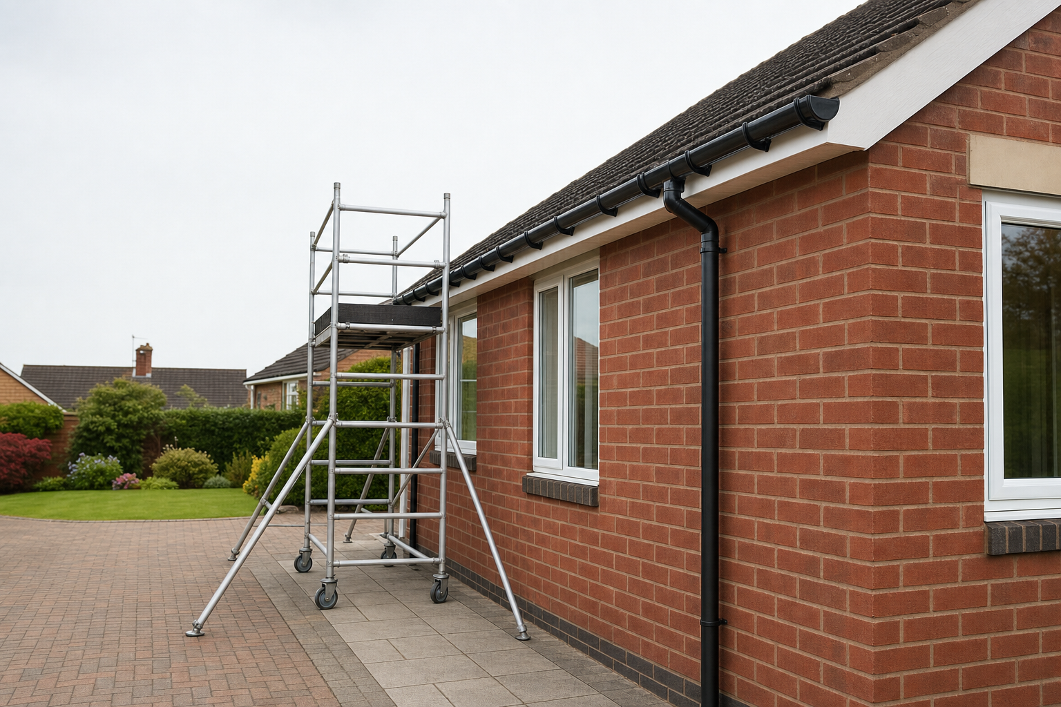 Mobile scaffold tower positioned near a red brick house with guttering for maintenance work.