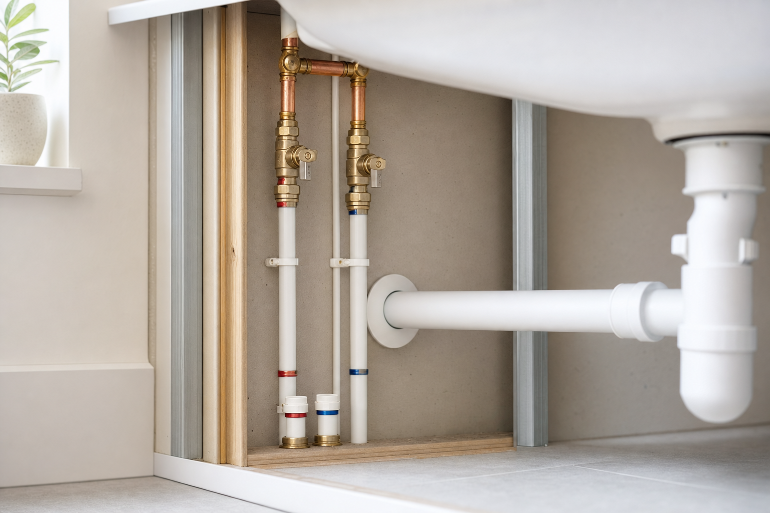 Under-sink plumbing installation with visible pipes and valves, featuring copper and white plastic materials.