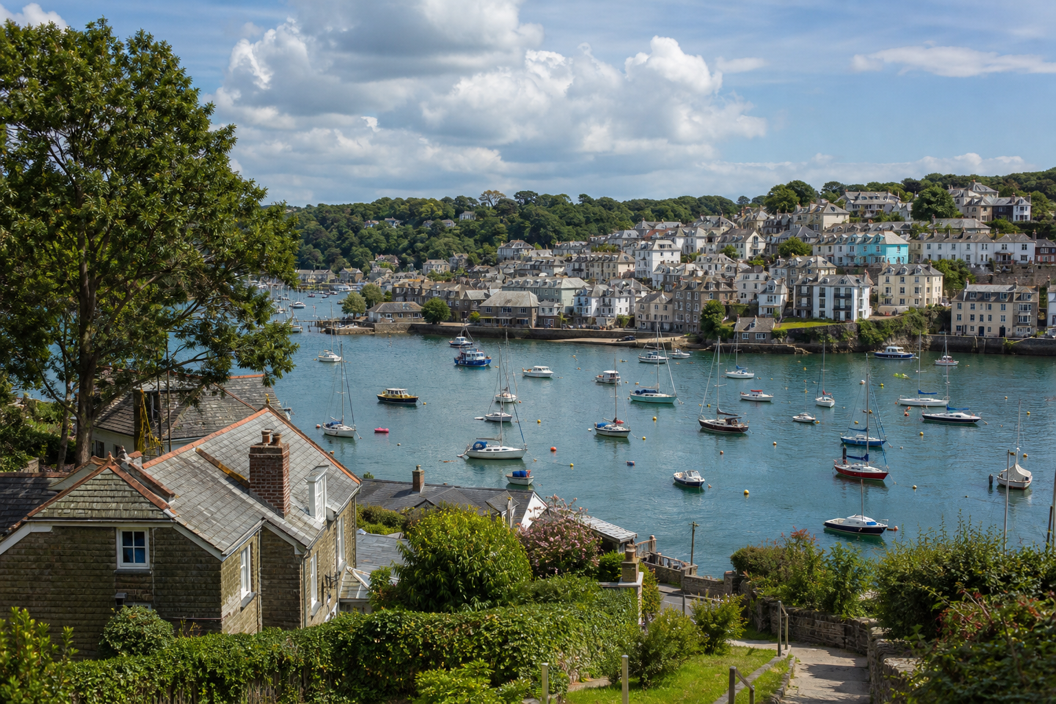 Scenic coastal village landscape with boats on a calm bay under a partly cloudy sky.