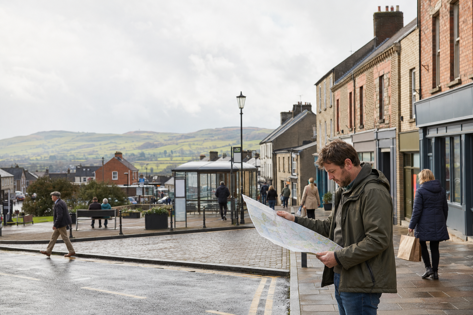 Man examines a map on a wet street in a quaint village with rolling hills in the background.