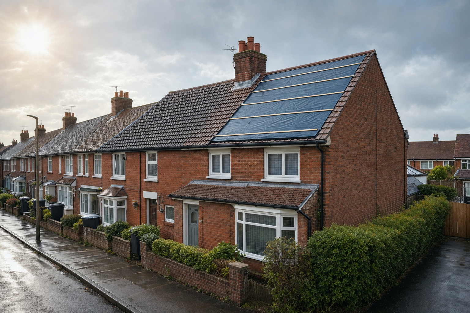 Row of brick terrace houses with solar panels on the roof under a cloudy sky.