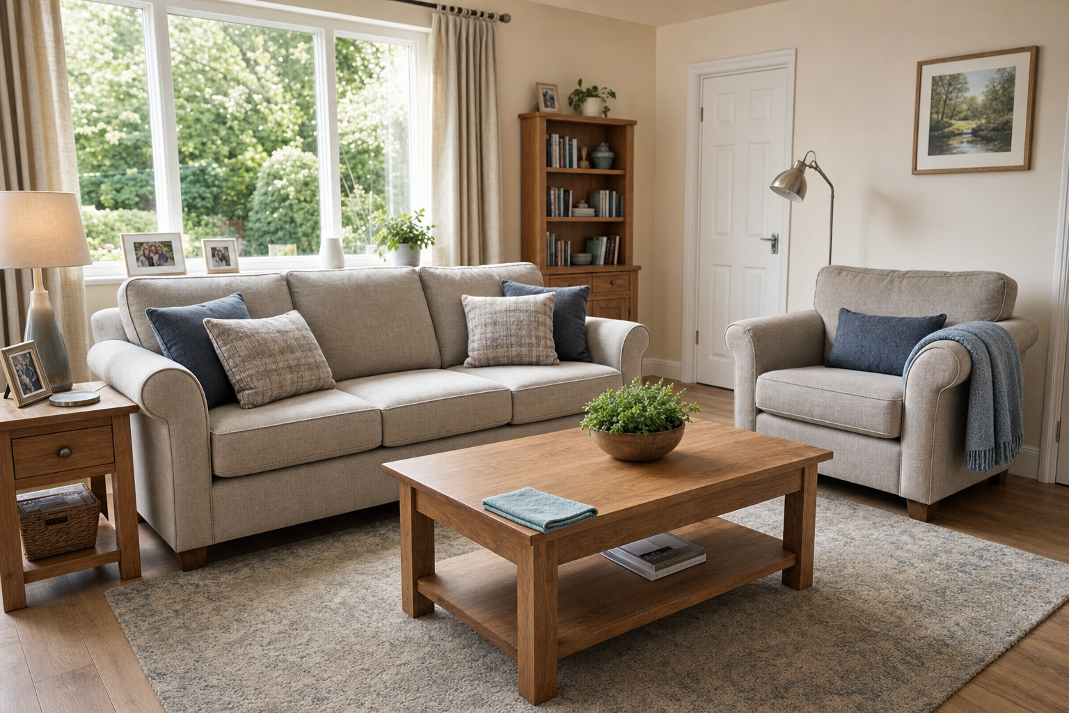A cosy living room with a beige sofa, armchair, wooden furniture, and a large window overlooking a garden.