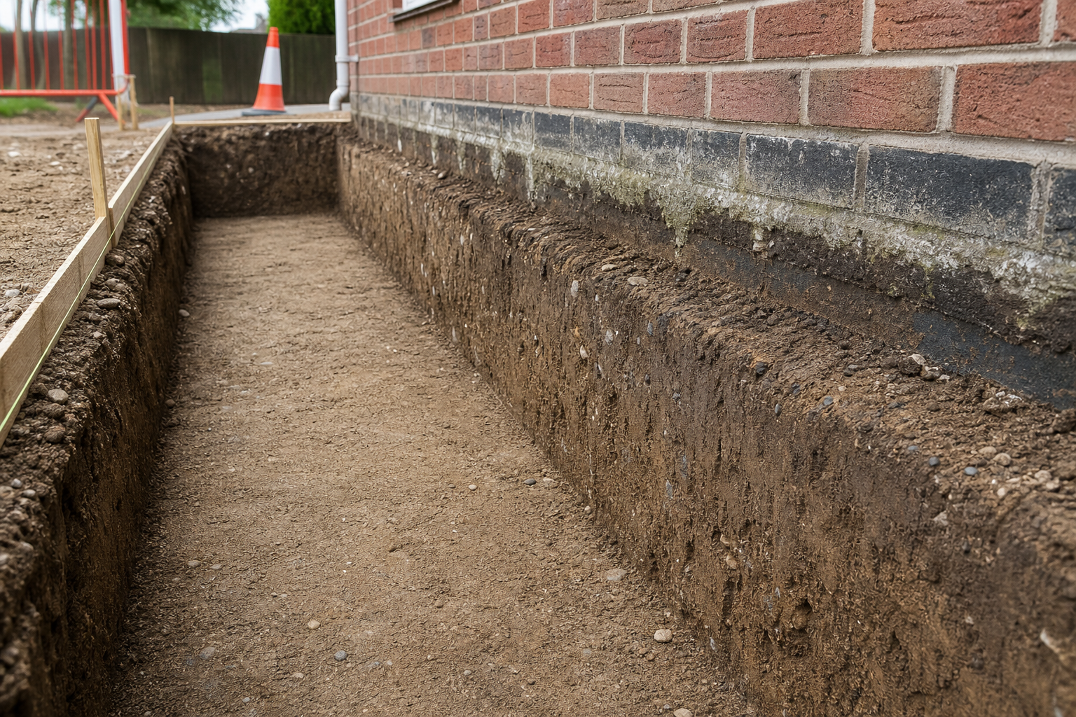 A freshly dug trench by a brick wall, with a traffic cone in the background indicating ongoing construction work.