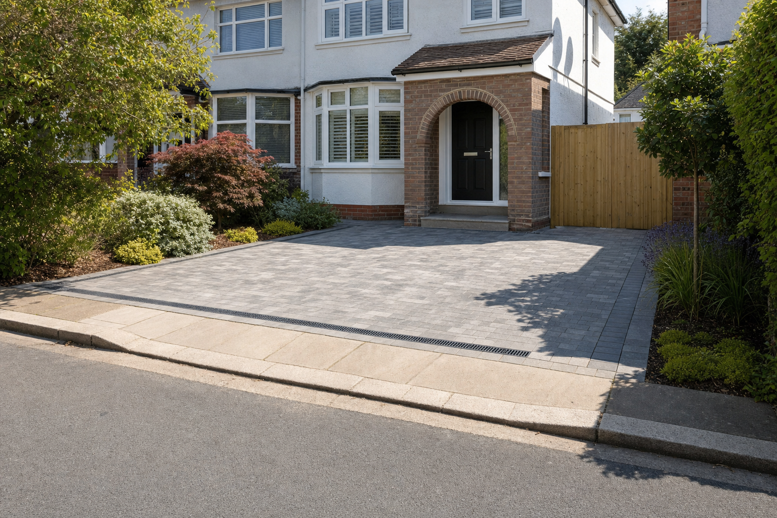 A neat, paved driveway in front of a suburban house with a garden and an arched doorway.