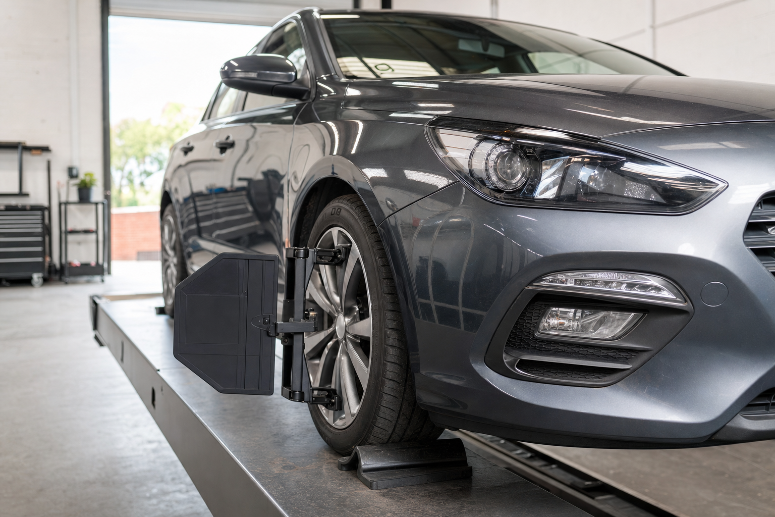 A grey car being aligned on a lift in a professional garage setting.