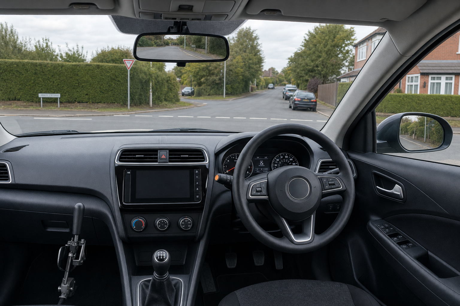 View from inside a car with a manual gearbox, parked at a T-junction in a suburban neighbourhood.