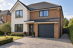 Modern two-storey house with a brick facade, large windows, and a well-maintained garden in a suburban setting.