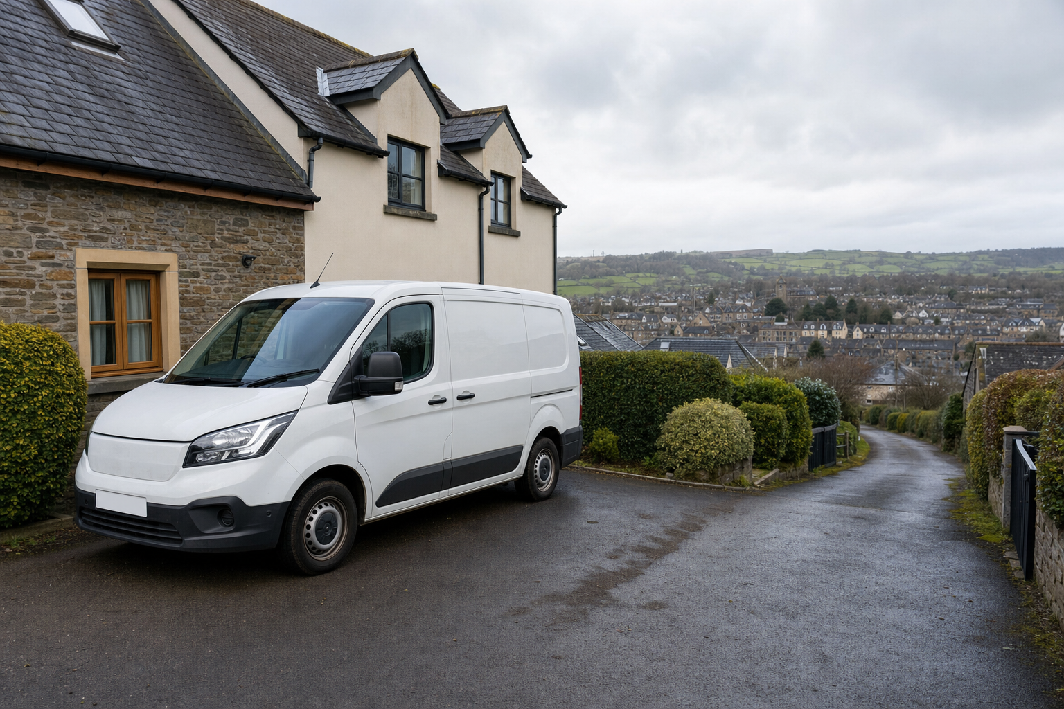 A white van is parked in a quiet driveway beside a stone house with a scenic English countryside in the background.
