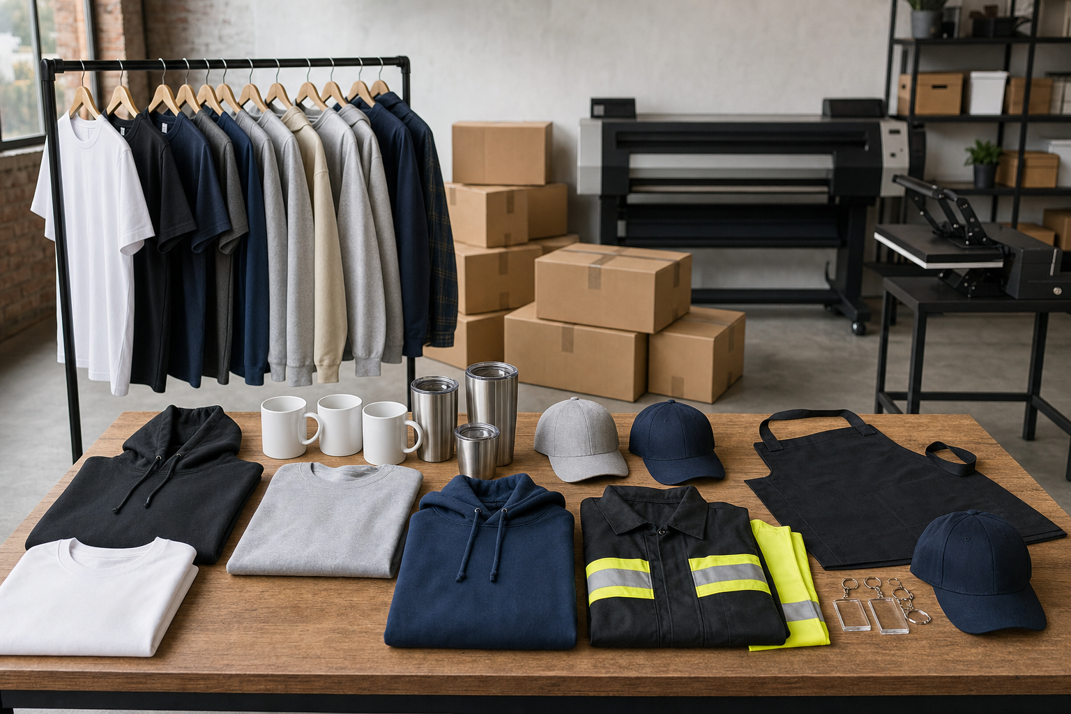 A selection of clothing, mugs, and caps arranged on a table with boxes and a printer in the background.
