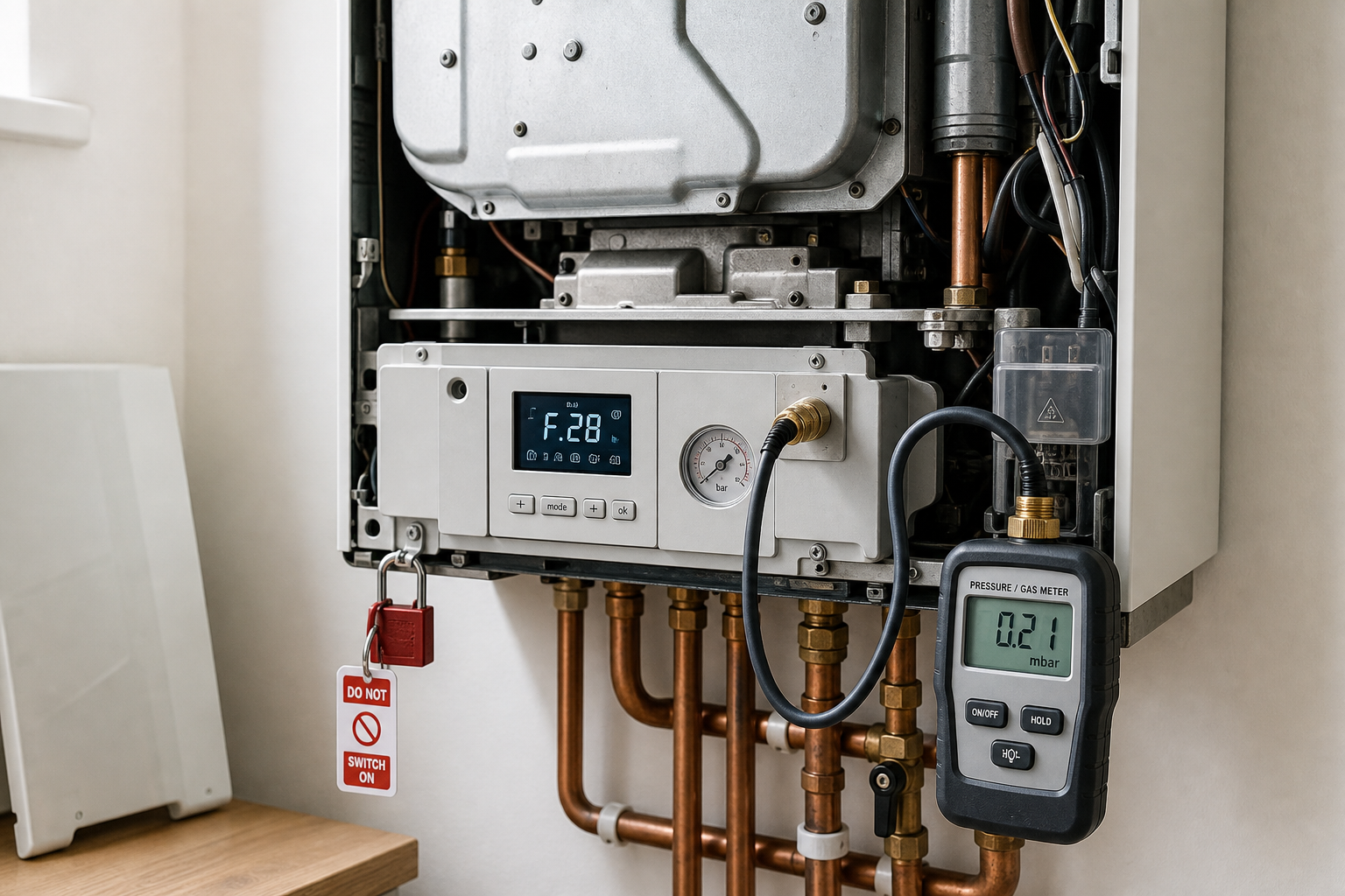 Gas boiler with pressure gauge and digital display showing fault code F.28.