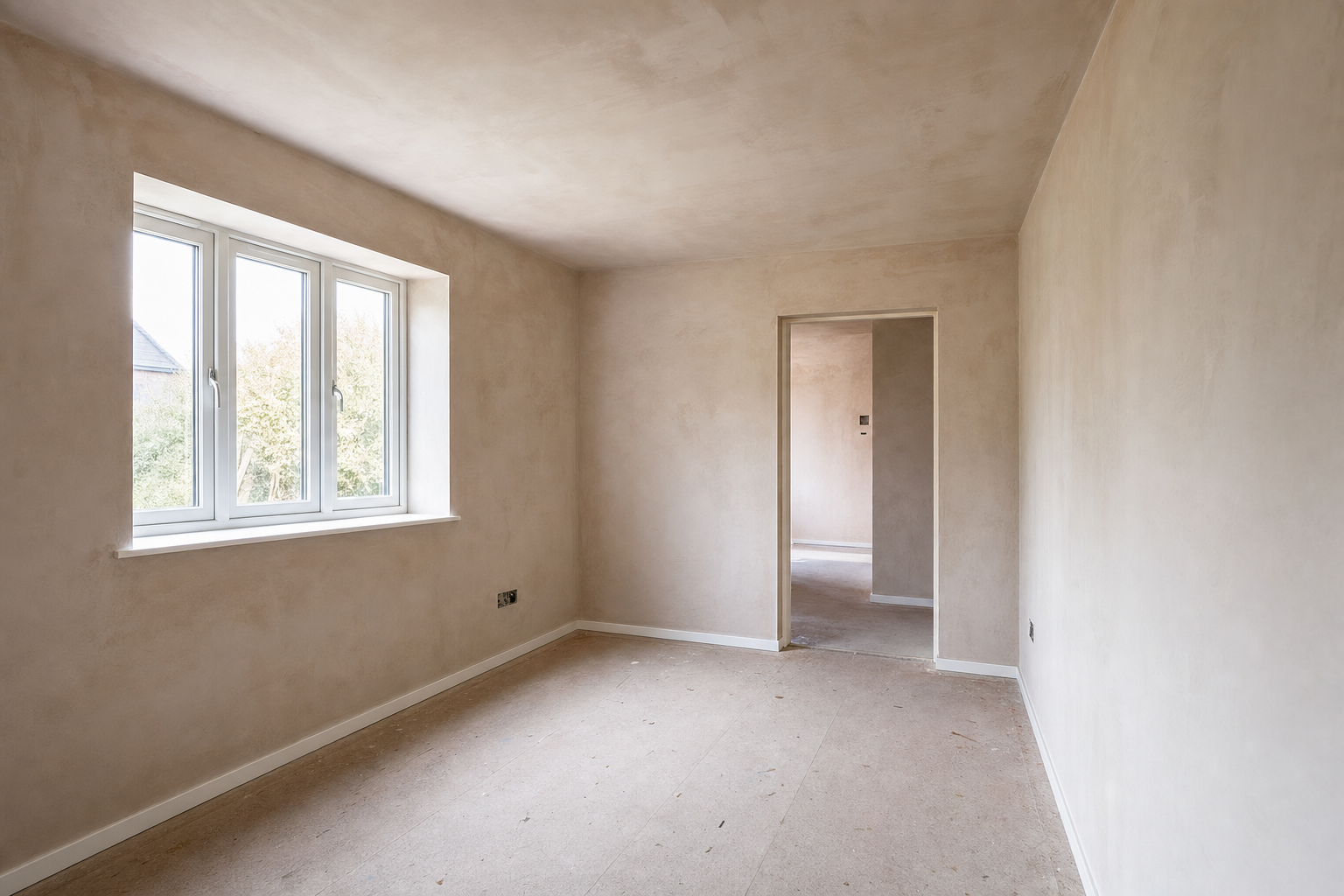 Empty, freshly plastered room with a large window and a view into an adjacent room.