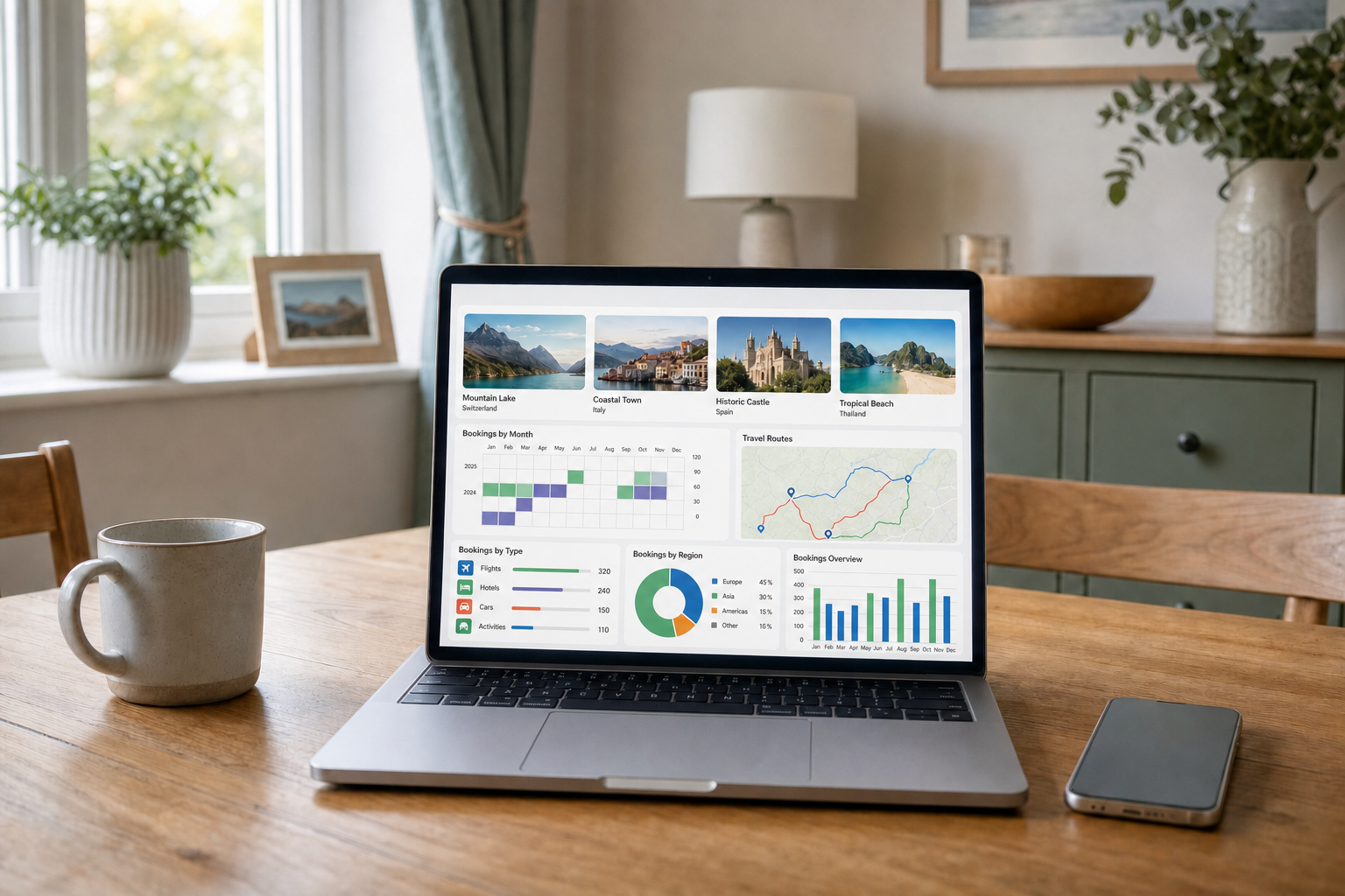 Laptop displaying travel data and charts on a wooden table next to a mug and smartphone in a cosy home setting.
