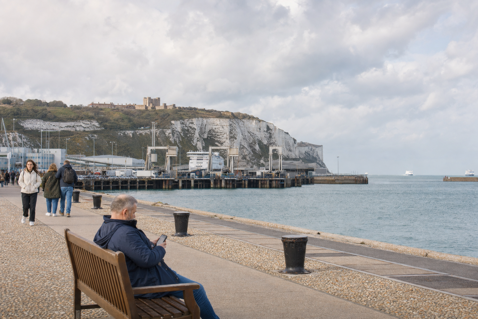 People strolling along a waterfront promenade with the White Cliffs of Dover and a harbour in the background.