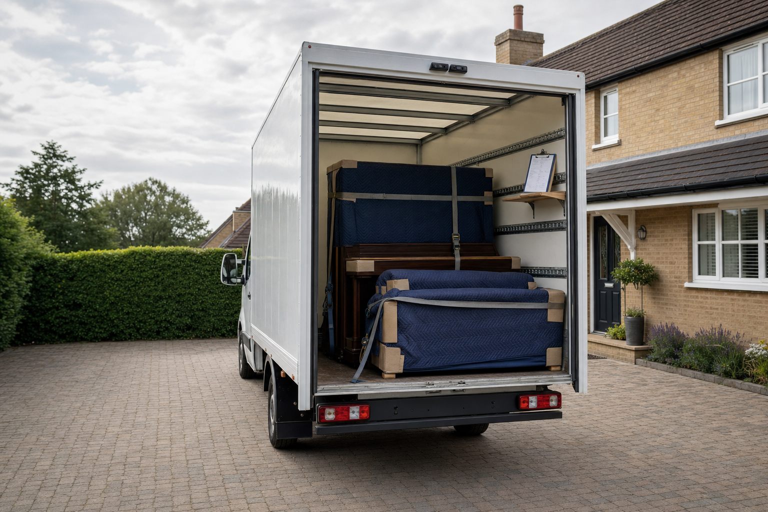 A removal lorry parked in a driveway, loaded with furniture wrapped in protective covers.