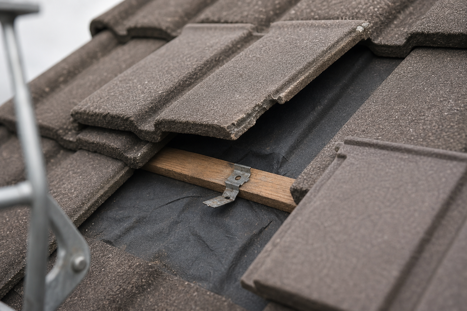 A roof tile is lifted to reveal the underlying wooden structure and a metal clip.