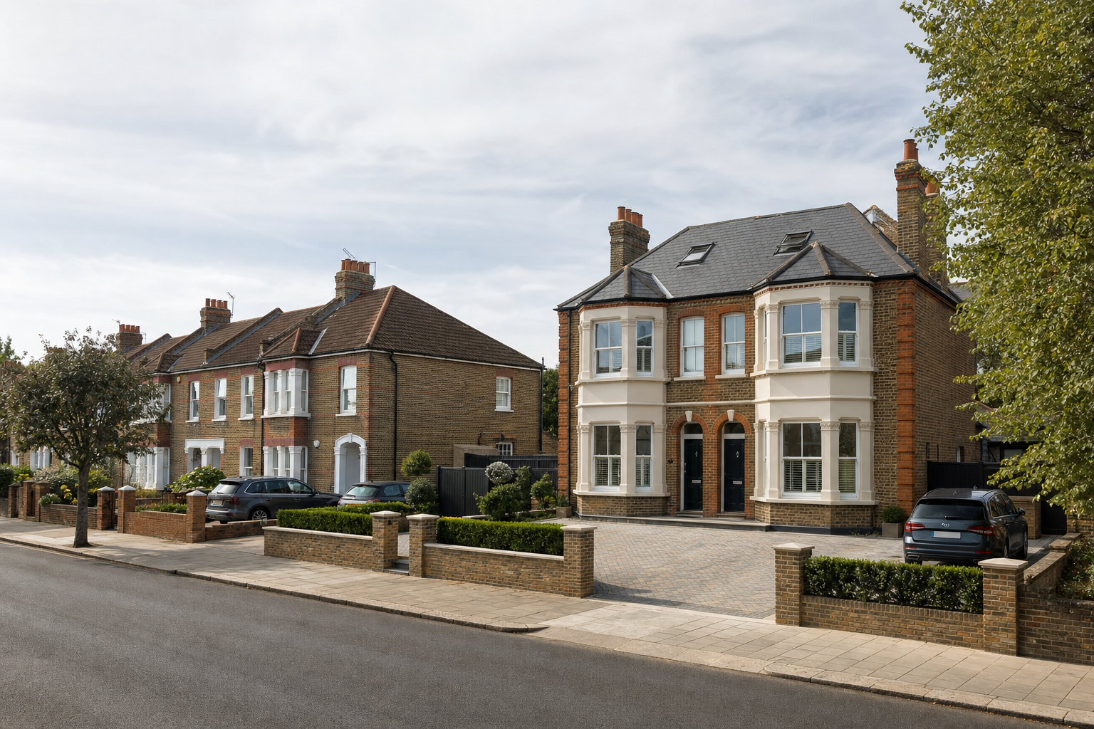 Row of traditional British terraced houses with brick façades and small front gardens on a quiet street.