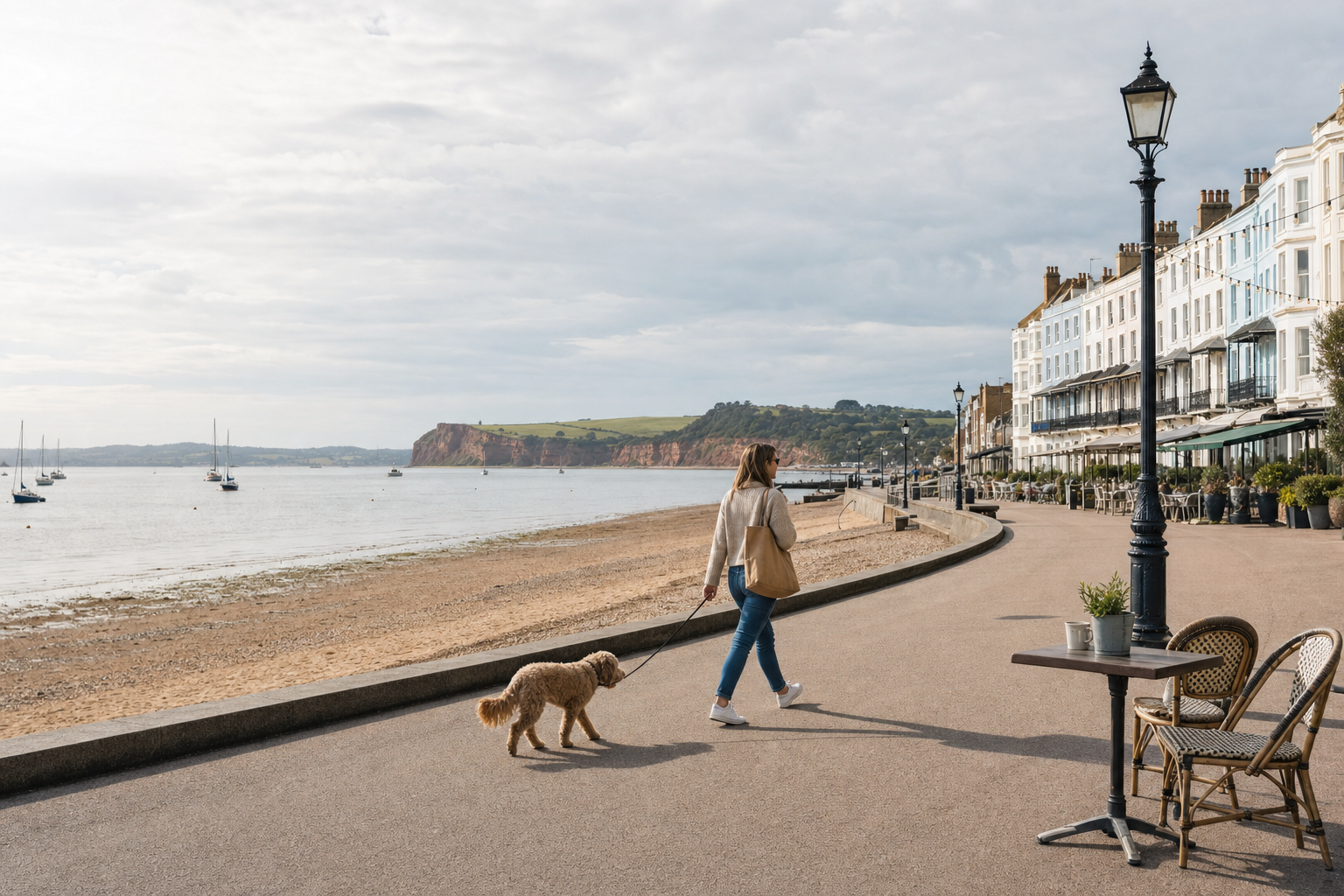 Woman walking a dog along a seaside promenade beside a row of terraced houses and outdoor café seating.