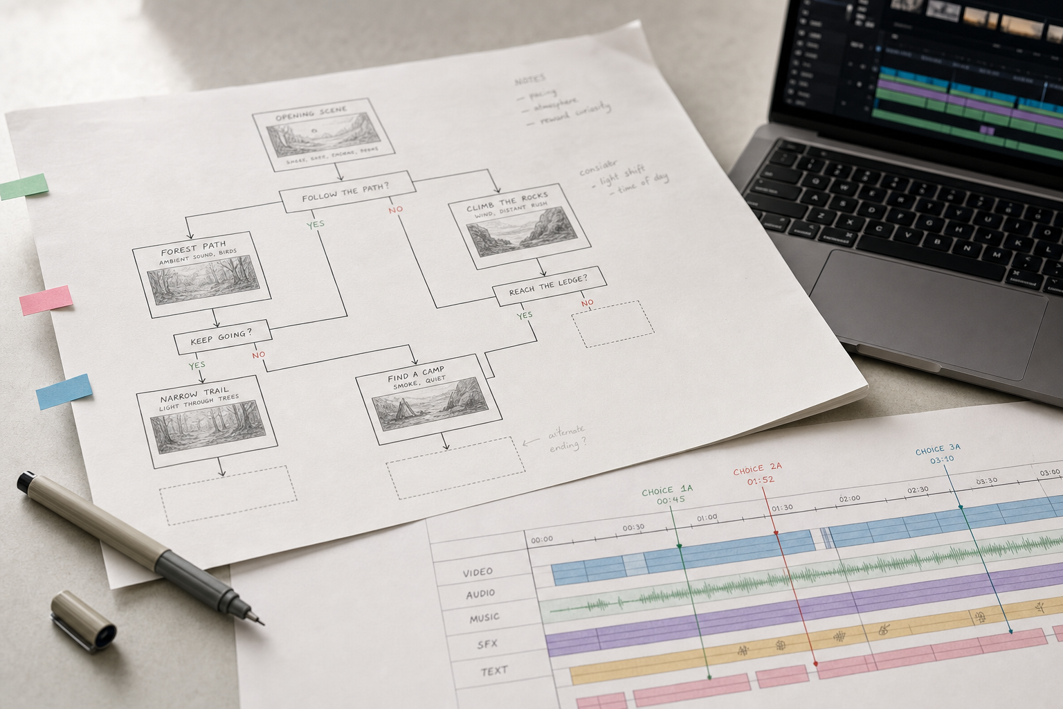 Flowchart and timeline for a video project on printed paper near a laptop, with a pen nearby.