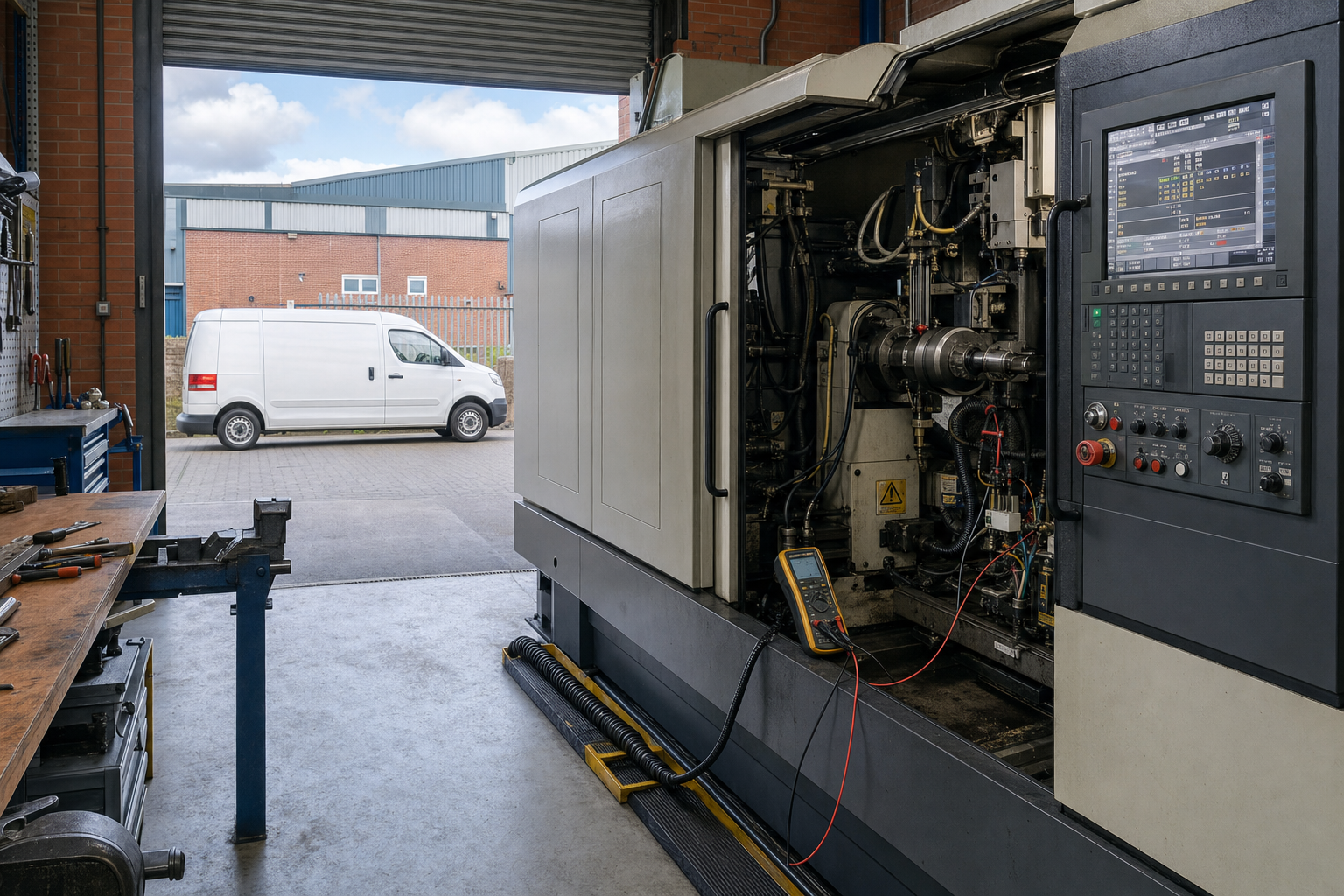 Industrial workshop with an open CNC machine, tools on a workbench, and a white van parked outside.