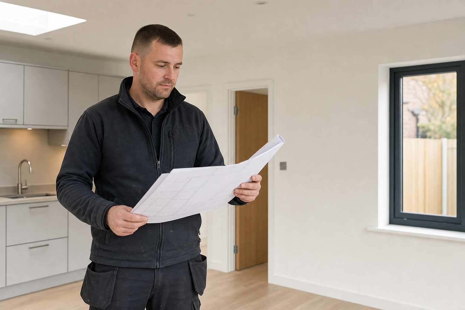 A man studies architectural plans in a newly renovated kitchen living space.