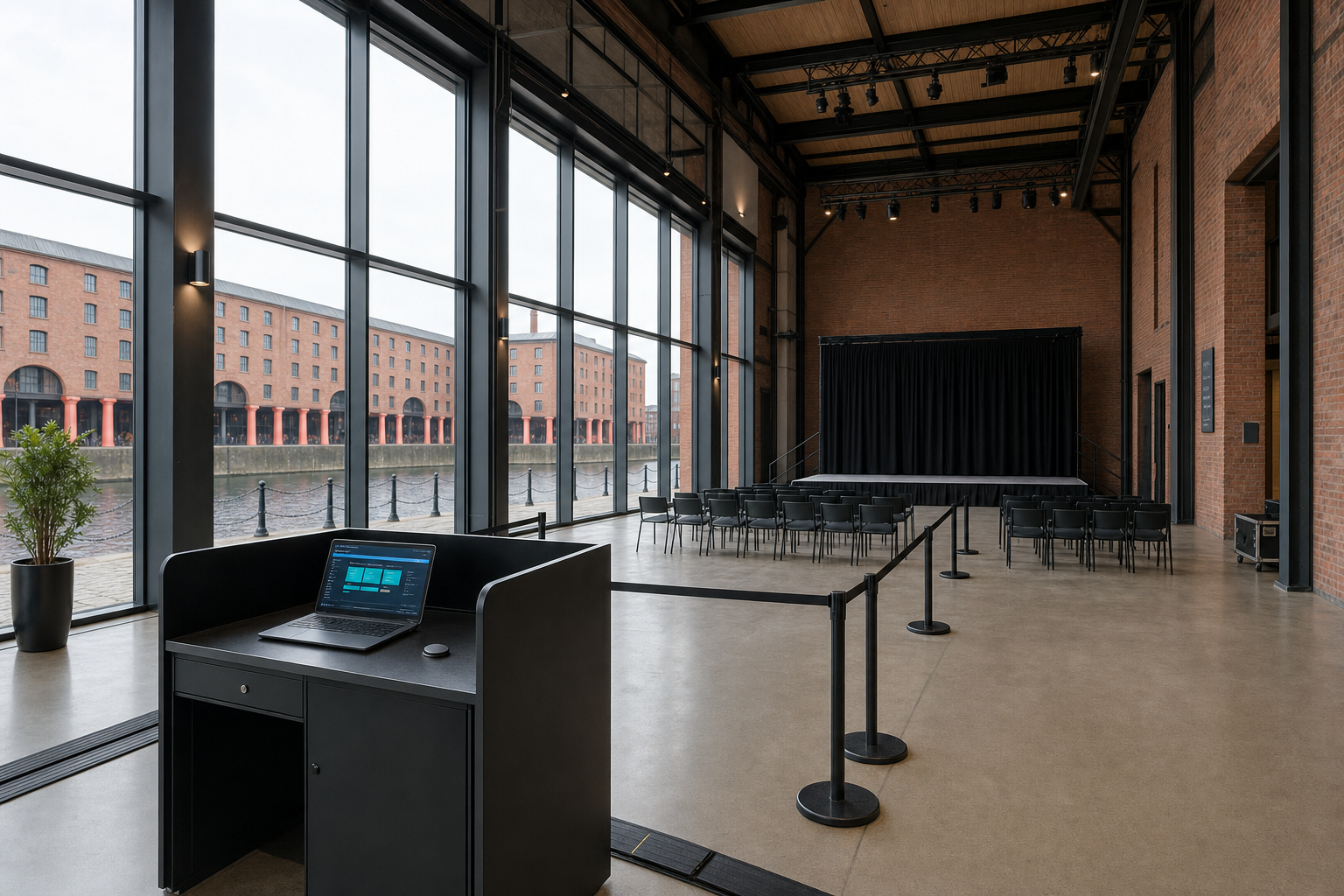 Modern auditorium with large windows, a laptop on a podium, and rows of chairs facing a stage with a black curtain.