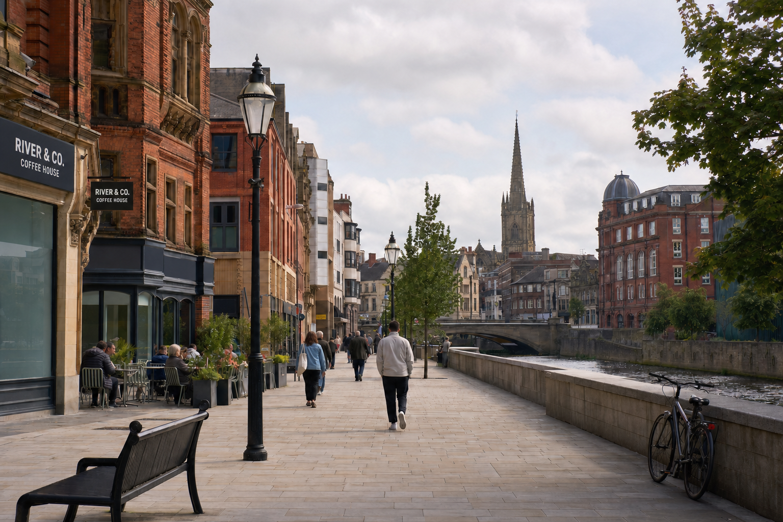 People walking along a riverside promenade lined with historic buildings and a distant church spire in a city setting.