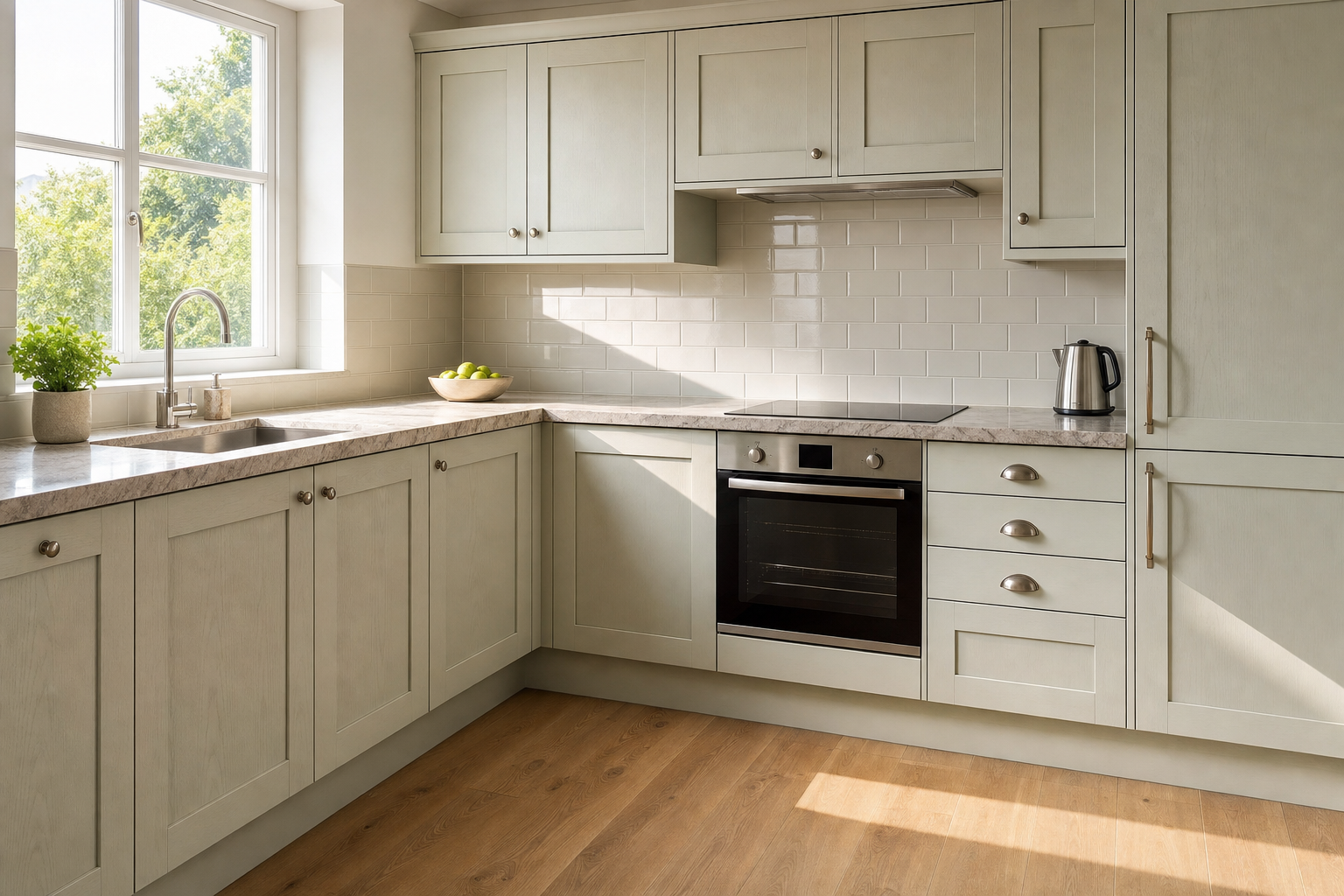 Modern kitchen with light-coloured cabinets, wooden floor, and a window overlooking greenery.